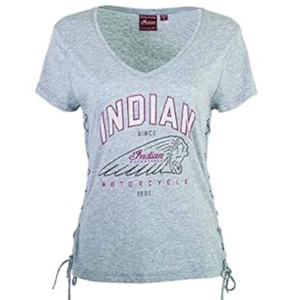 Indian Motorcycle V-Neck T-Shirt with Side-Laces Design, Gray Marl